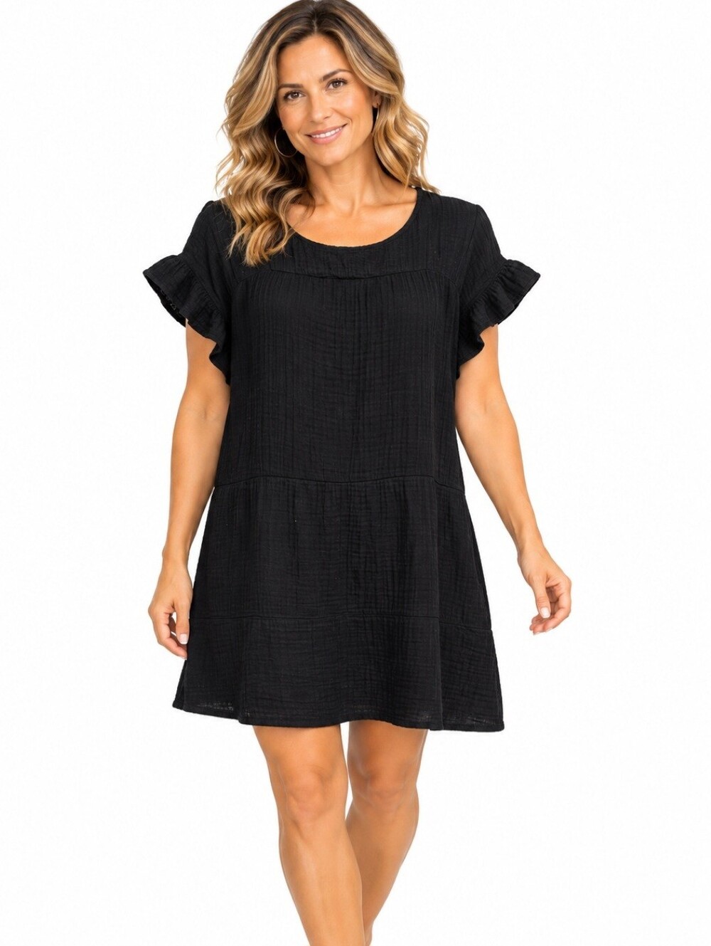 Stark X Dress SZ M Black 100% Cotton Gauze Ruffle Sleeve Boho Mini Made In USA